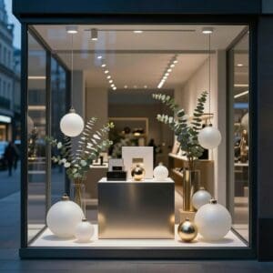 Elegante vetrina espositiva illuminata a giorno all'esterno di un negozio di lusso, allestita con sfere decorative bianche, dettagli dorati e rami di eucalipto.