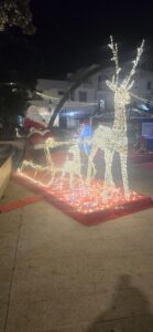Grande installazione natalizia tridimensionale con Babbo Natale seduto su una slitta rossa trainata da una renna gigante luminosa a LED.