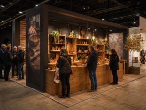 Stand fieristico con struttura scura e bancone in legno rustico espositivo con oggetti artigianali e visitatori.