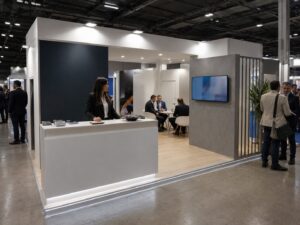 Stand espositivo moderno con bancone reception bianco illuminato alla base, pareti grigie e un monitor TV.