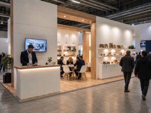Stand fieristico aperto con bancone reception bianco in primo piano, interni in legno chiaro con scaffali espositivi e visitatori.