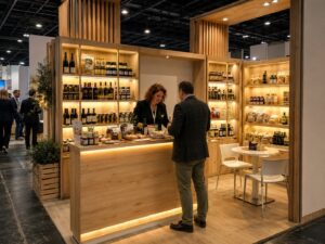 Stand fieristico in legno chiaro con scaffali pieni di bottiglie di vino, bancone con illuminazione LED e persone che parlano.